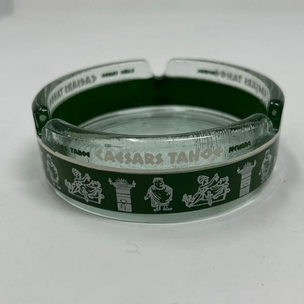 Vtg Caesars Tahoe Casino Ashtray Clear Green Greek Character Images Lake Nevada